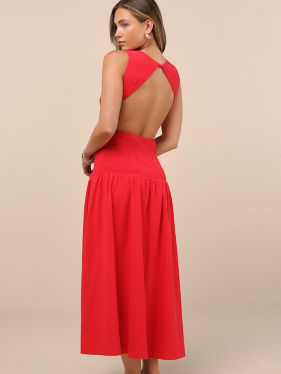 Lulus Dresses & Skirts - Lulus Melina Red Backless Drop Waist Midi Dress - Size L